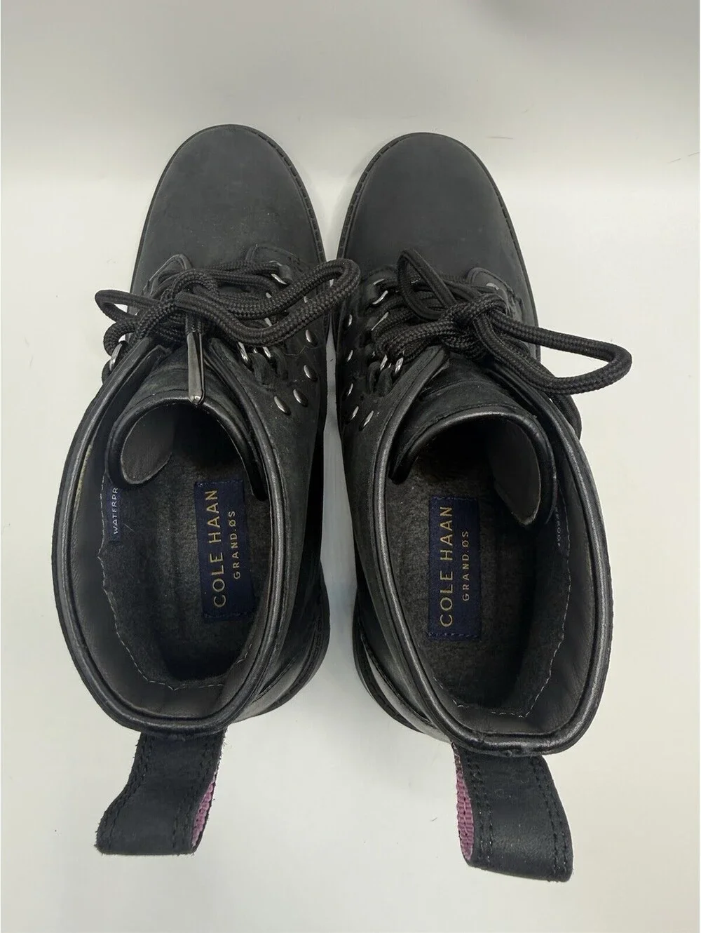Cole Haan Briana Lace Up Womens 6.5 B Black Leather Hiking Boots Waterproof NWOB